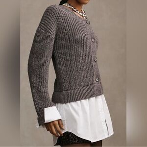 Anthropologie Cropped Twofer Cardigan Sweater Gray Knit White Layered Shirt L